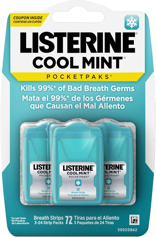 Listerine Travel Essentials Cool Mint PocketPaks Breath Strips, Travel Size Mini Mouthwash Breath Fresheners Party Favor Goodie Bag Strips Kill 99% of Bad Breath Germs, 3 Pack of 24 ct