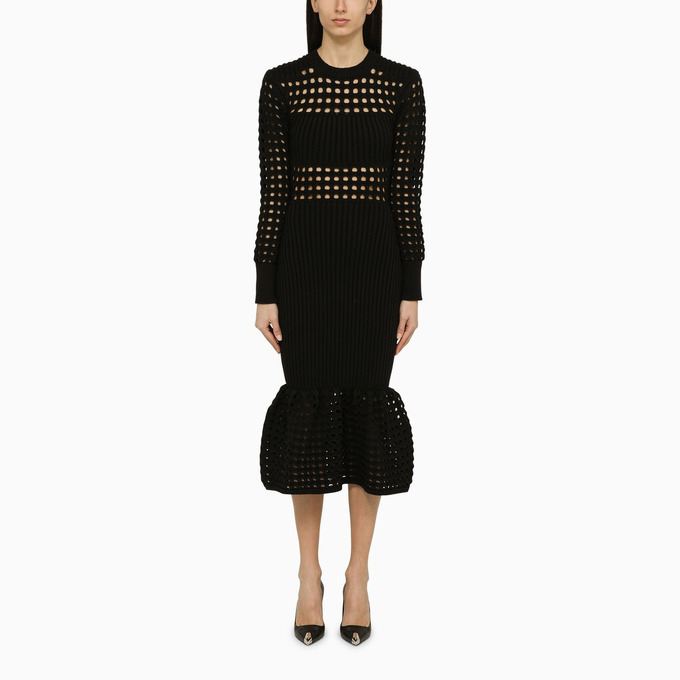 Alexander McQueen アレクサンダー・マック・クイーン・ブラック・ニット・ミディ・ドレス - Image 1