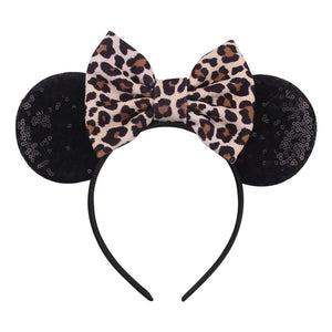 Foeran - Diademas con orejas de ratón, arcos brillantes, orejas de ratón con purpurina, decoración para fiesta de princesa, disfraz para niñas y mujeres (impresión de leopardo-1)