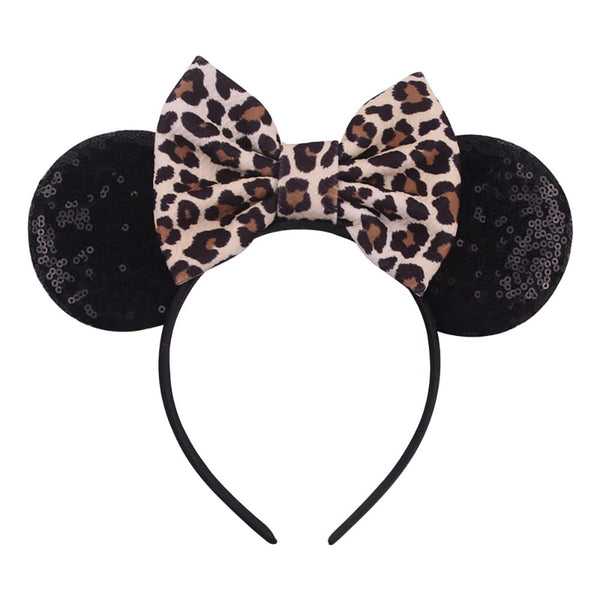 Foeran - Diademas con orejas de ratón, arcos brillantes, orejas de ratón con purpurina, decoración para fiesta de princesa, disfraz para niñas y mujeres (impresión de leopardo-1)