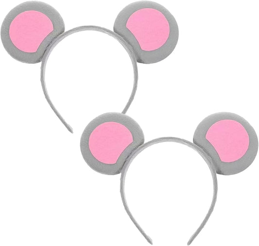Pack of 2 Mouse Ears Headband Grey & Pink Soft Fabric Rat Ears for Adults and Children, Costume Accessories Carnival Party Halloween