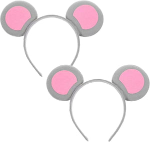 Pack of 2 Mouse Ears Headband Grey & Pink Soft Fabric Rat Ears for Adults and Children, Costume Accessories Carnival Party Halloween