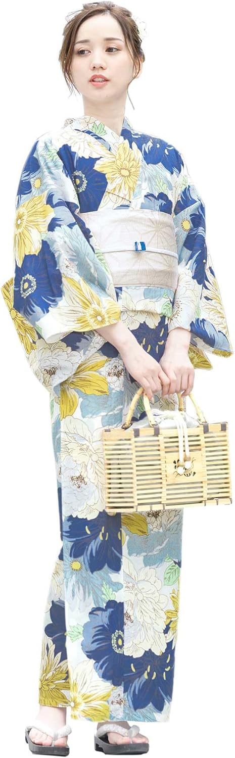 Soubien Women's Yukata 2-Piece Set (Yukata/Half Width Sash), Flower, Modern, Summer