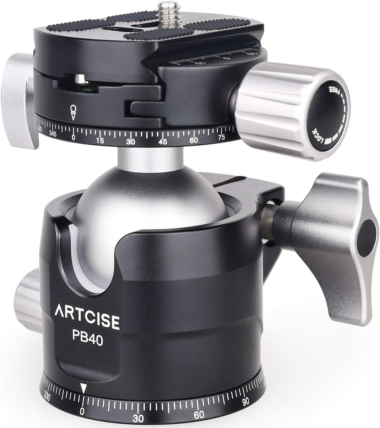 Low Center of Gravity, Double Panorama, 1.6 inches (40 mm) Diameter, Ball Head 360 Degree Rotation, CNC Machined, Aluminum Alloy, ARTCISE Free Head with Level, Arca-Swiss Quick Shoe Included, Maximum