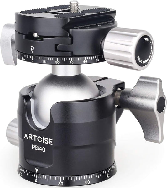 Low Center of Gravity, Double Panorama, 1.6 inches (40 mm) Diameter, Ball Head 360 Degree Rotation, CNC Machined, Aluminum Alloy, ARTCISE Free Head with Level, Arca-Swiss Quick Shoe Included, Maximum