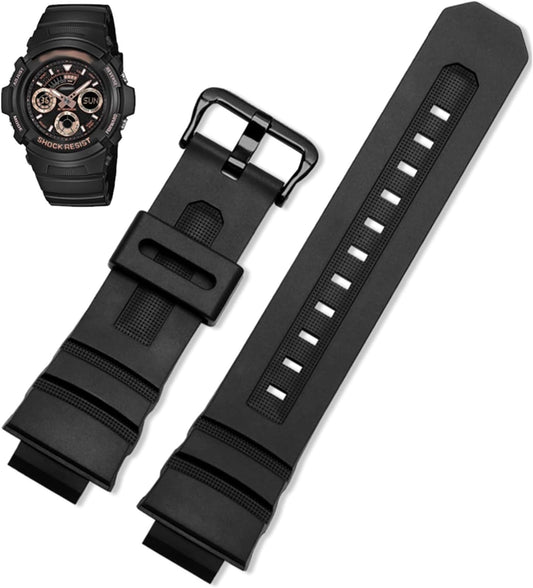 JOLUCE Luxury Rubber Watch Band Compatible with Casio G-Shock AW-591/590/5230/282B AWG-M100/101 G-7700/7710 Replacement Bracelet Wrist Strap (Band Color: Black, Band Width: 16mm) (16mm Black)