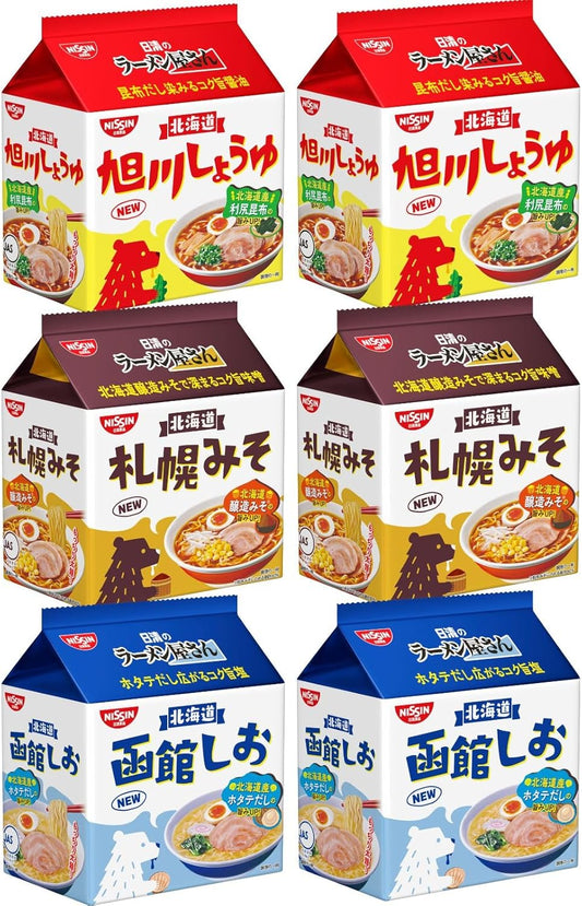 Nissin Ramen Shop, 3 Types x 2 Packs of Each, 6 Packs, Assorted Set, Instant Ramen, Hokkaido, Local Soy Sauce, Salt, Miso