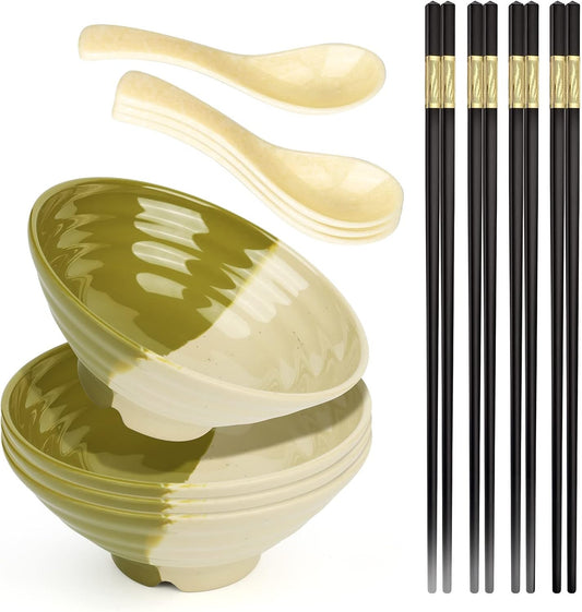 Ramen Bowl, Instant Ramen Bowl, For Udon, Buckwheat & Noodles, Breakfast, Melamine Soup Bowl, Dishwasher Safe, Udon Soba for Asian Noodles, Set of 6, Chopsticks and Spoon Set (Color: B-4 sets/Gradient, Size: 8 inches)