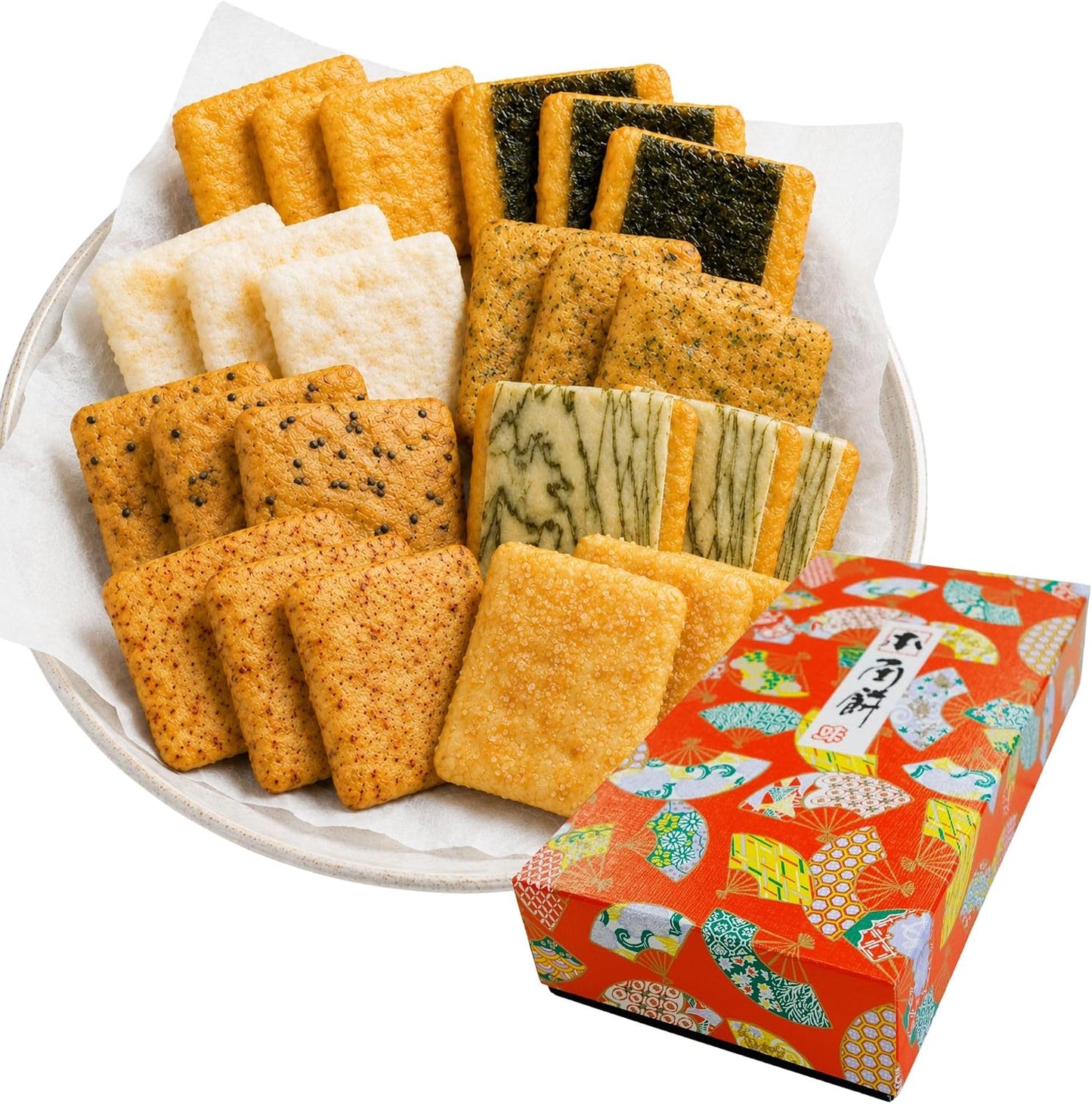 Soka Senbei Gift Set: 12-Shou Corner Mochi, 10 Varieties, 36 Pieces, Assorted, Domestically Produced, Glutinous Rice Used, Japanese Pattern, Comes in a Decorative Box
