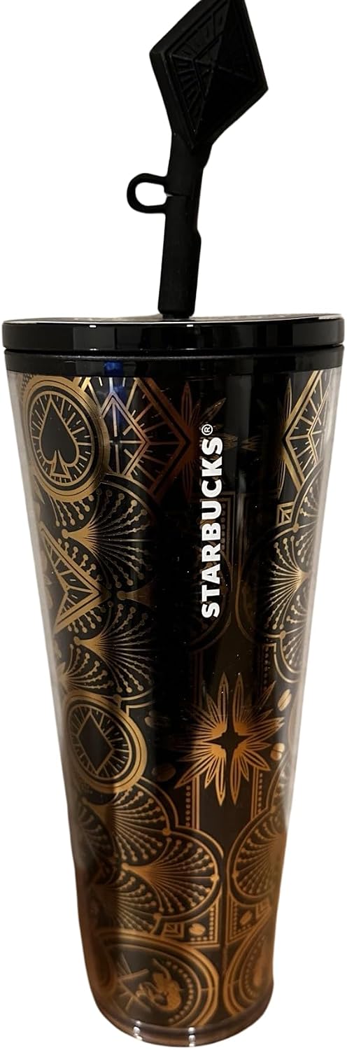 Starbucks Las Vegas Collection - Vaso acrílico Venti negro y dorado de 24 onzas con decoración de diamante negro