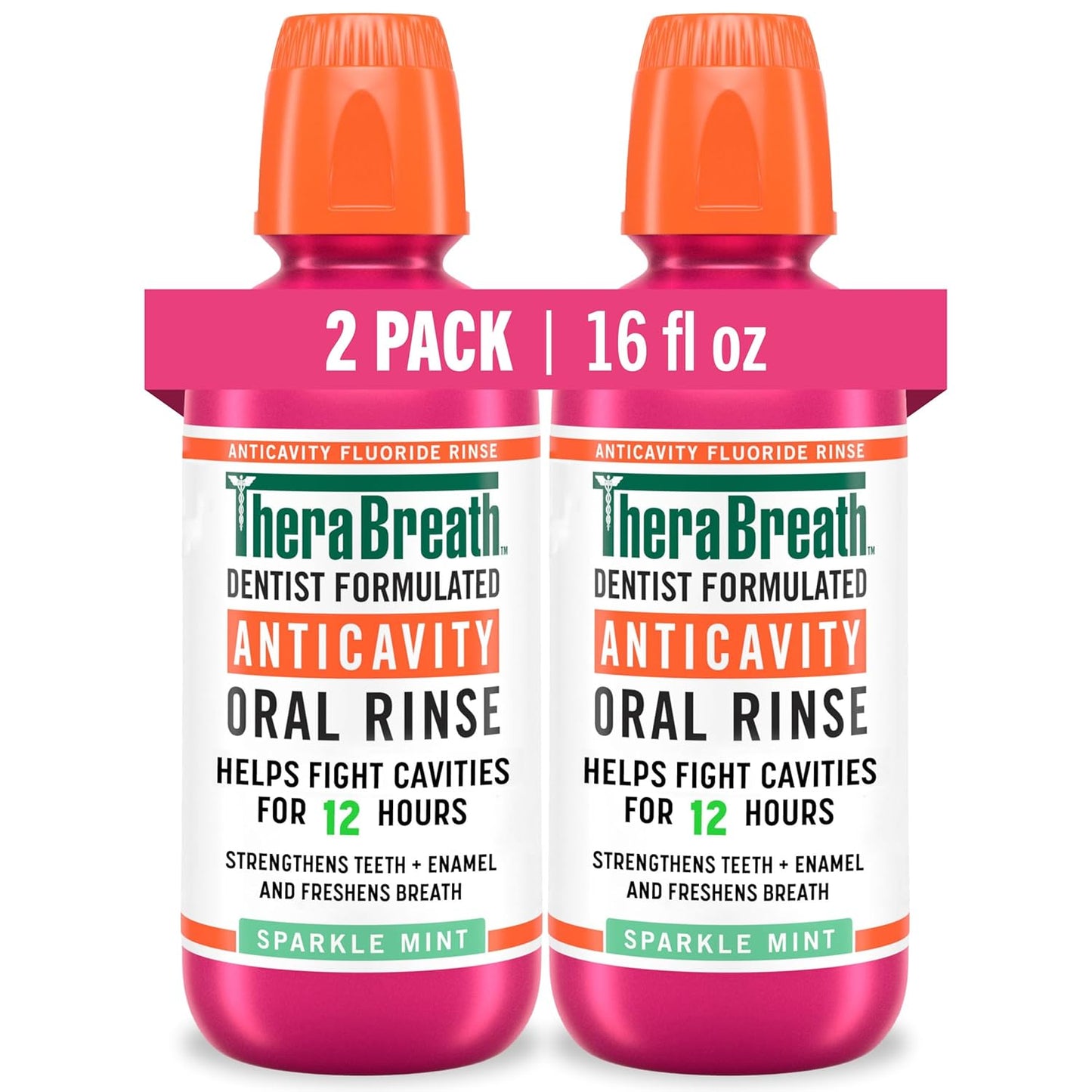 TheraBreath - Enjuague bucal anticaries con flúor oral, combate las caries, fortalece el esmalte y refresca el aliento, formulado por dentistas, sin alcohol, sabor a menta brillante, 16 onzas líquidas
