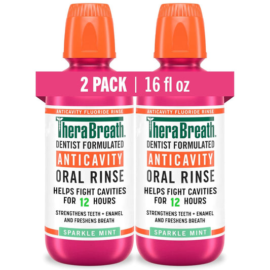 TheraBreath - Enjuague bucal anticaries con flúor oral, combate las caries, fortalece el esmalte y refresca el aliento, formulado por dentistas, sin alcohol, sabor a menta brillante, 16 onzas líquidas