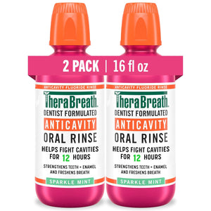 TheraBreath - Enjuague bucal anticaries con flúor oral, combate las caries, fortalece el esmalte y refresca el aliento, formulado por dentistas, sin alcohol, sabor a menta brillante, 16 onzas líquidas