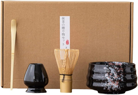 AZIEBAY Handmade Japanese Bamboo Matcha Whisk Set, Rikakamoto Tateta, Matsuumu and Tea Ceremony Tools (Matcha Set of 4 - Kiln Treated Black)