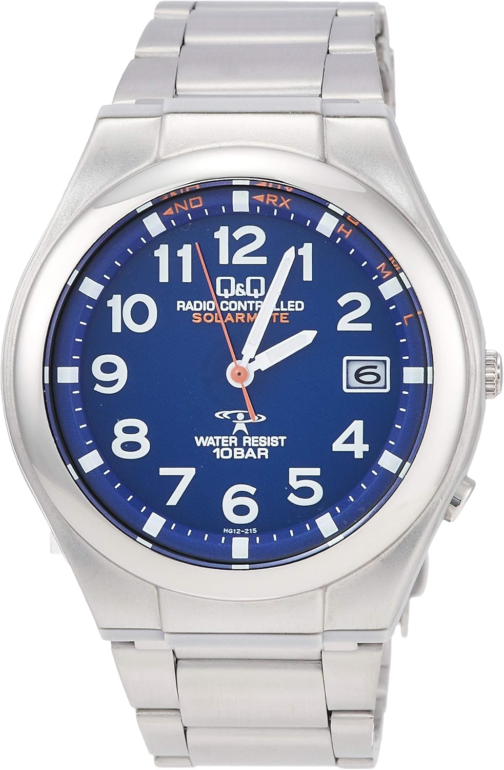 Citizen Q&Q HG12-215 Men's Wristwatch, Analog, Radio, Solar, Waterproof, Date, Metal Band, Blue, blue, Wristwatch, Solar Radio, Calendar, Bracelet