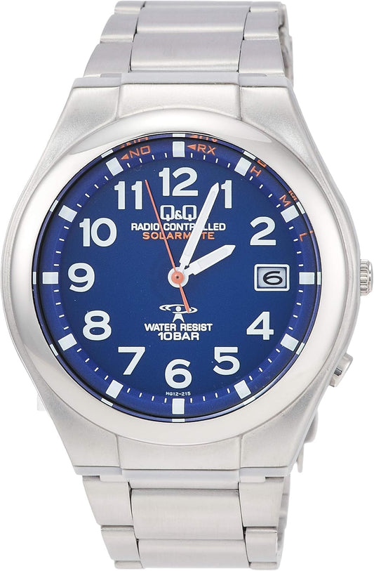 Citizen Q&Q HG12-215 Men's Wristwatch, Analog, Radio, Solar, Waterproof, Date, Metal Band, Blue, blue, Wristwatch, Solar Radio, Calendar, Bracelet