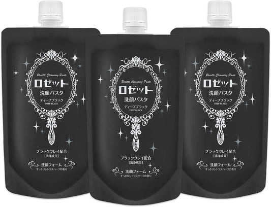 Rosette Facial Cleansing Pasta, Deep Black, 8.5 oz (240 g), Double Large Capacity, Set of 3, Pores, Square Plug