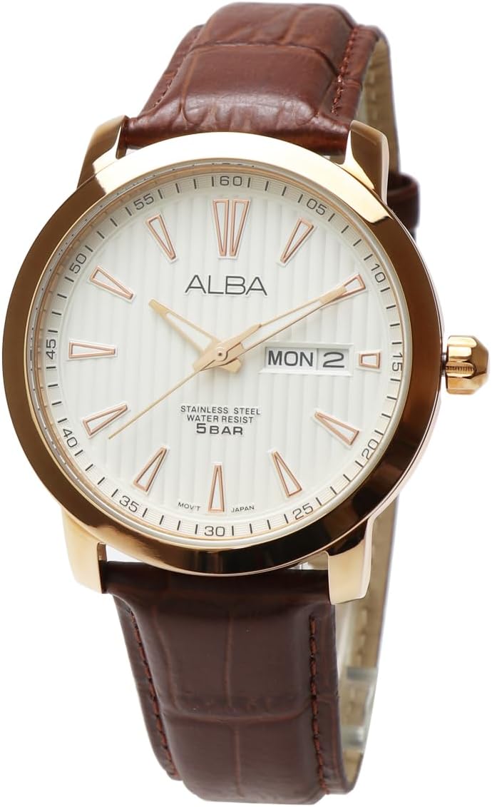 Seiko ALBA AT2020X1 Men's Quartz Business Analog Day Date Calendar White Rose Gold Pink Gold Brown Leather Belt, white