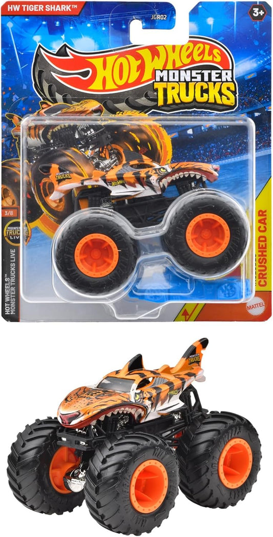 Hot Wheels Monster Truck 1:64 Tiger Shark Ride-On Toy Mini Car, Ages 3 and Up, Orange JGR02