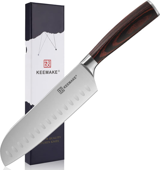 KEEMAKE Santoku Knife, High Carbon Stainless Steel, 7.1 inches (180 mm), Dishwasher Safe, All-Purpose Knife, Two-Handed, Natural Wood Handle, Butcher Knife, Kitchen Supplies, Gift (Santoku 7.1 inches (180 mm))