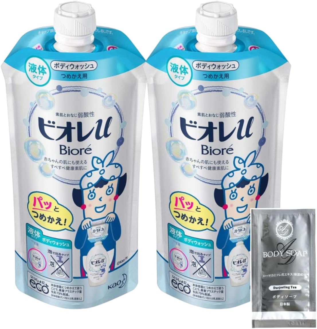 Biore U Body Wash, Easy Eco Pack, Refill, Set of 2, Bulk Purchase, Body Soap Pouch, 0.4 fl oz (12 ml), Aroma Doll, Body Soap Pouch, 0.4 fl oz (12 ml), Tea Scent Set