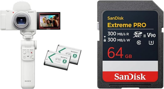 Sony ZV-1II Compact Digital Camera VLOGCAM Vlog Camera ZV-1II Shooting Grip Kit with Windscreen Zoom Lens, White ZV-1M2G W+ (Genuine SanDisk Product) SD Card, 64GB SDXC, Class 10, UHS-II V90, Read Up