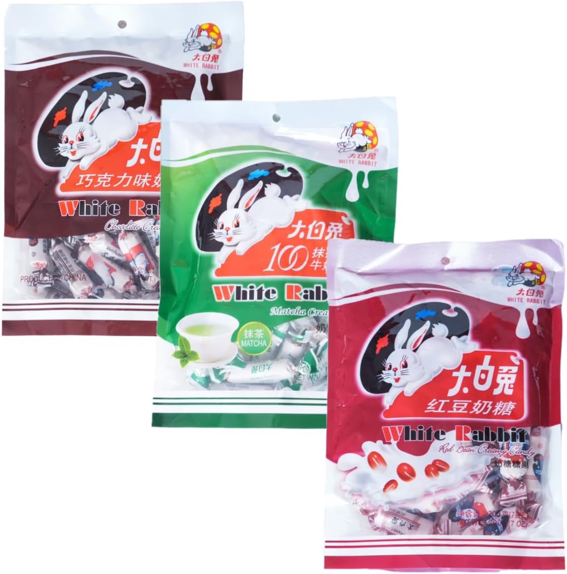 Large White Rabbit Milk Candy Azuki, Chocolate, Matcha Flavor 3-Piece Trial Set, Large White Sugar, Soft Candy