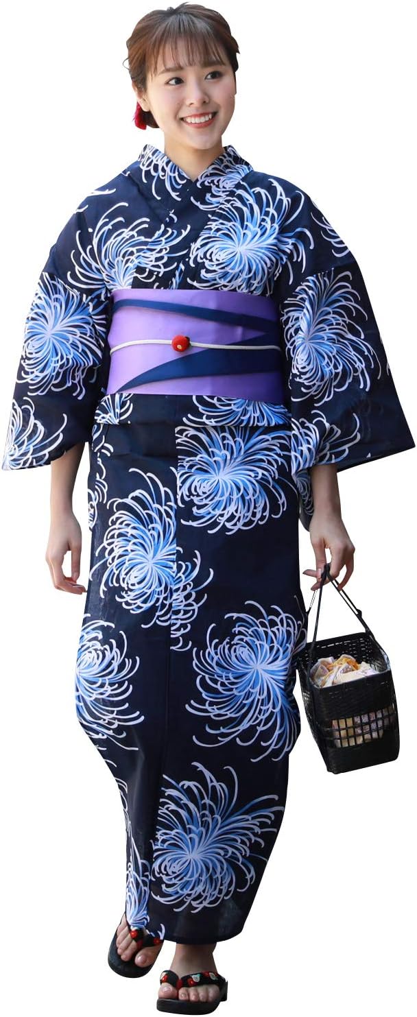 Brilliant Peace Women's Yukata Set, Large Size, Navy Blue, White, Light Blue, 3-Piece Set, Yukata, Obi, Geta Clogs