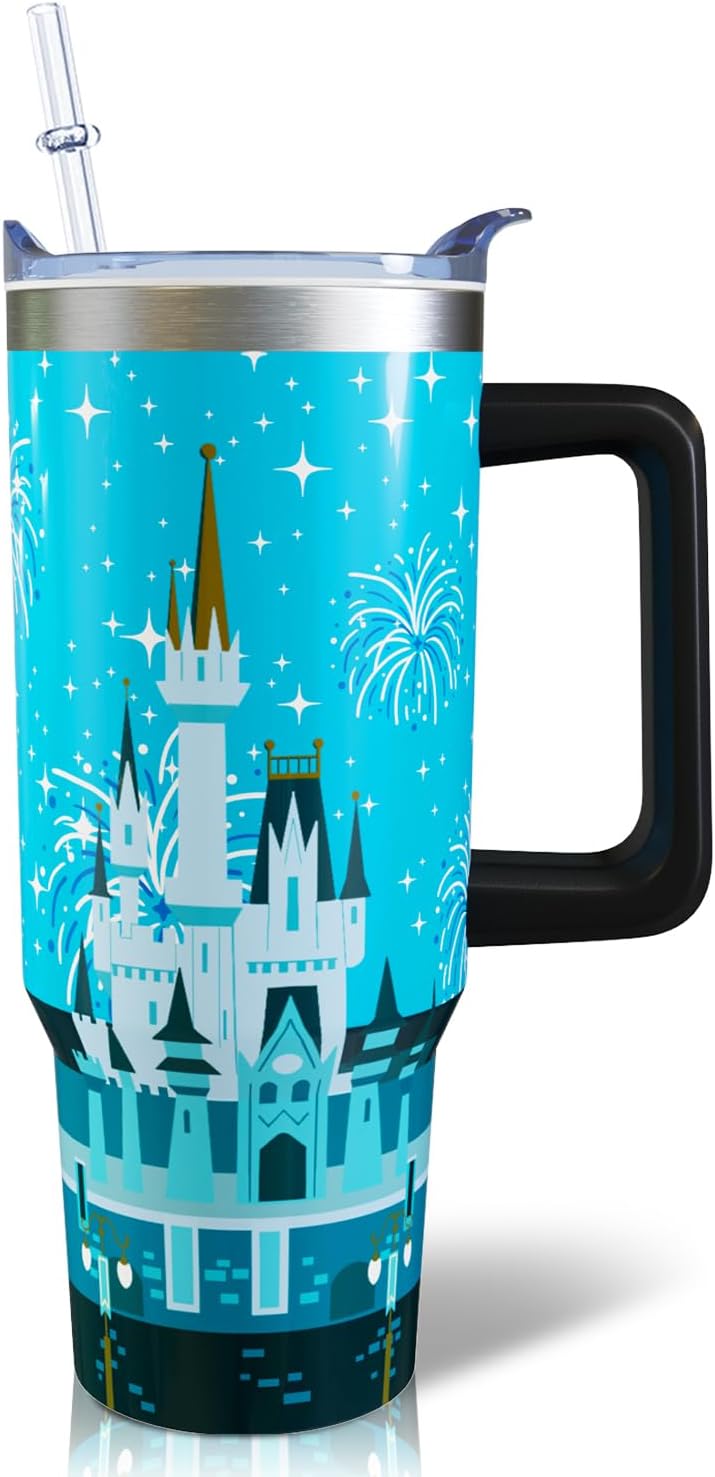 Vaso de 30 onzas con diseño de castillo de dibujos animados, con asa, tapa y pajilla, vaso aislado de acero inoxidable, taza de café de viaje con fuegos artificiales, regalo de cumpleaños, Navidad