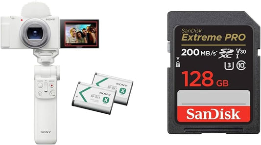 Sony ZV-1II Compact Digital Camera VLOGCAM Vlog Camera ZV-1II Shooting Grip Kit with Windscreen Zoom Lens, White ZV-1M2G W+ (Genuine SanDisk Product) SD Card, 128GB SDXC, Class 10, UHS-I V30, Reading
