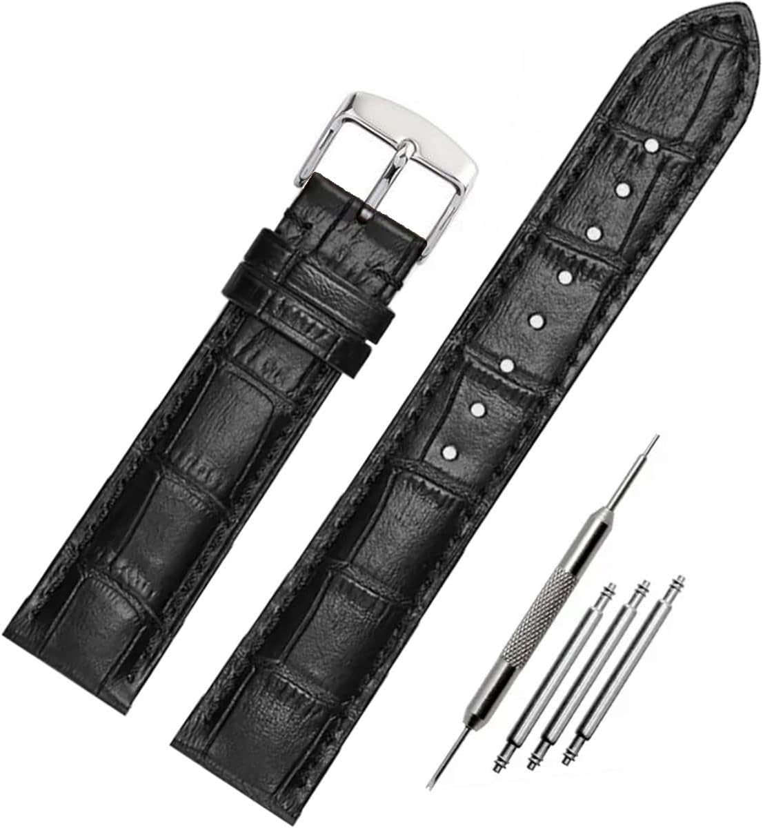 Watch Strap, Genuine Leather, Watch Band, 0.5, 0.6, 0.7, 0.7, 0.7, 0.7, 0.8, 0.8, 0.9, 0.9 inches (14, 16, 17, 18, 19, 20, 21, 22, 24 mm), Genuine Leather, Waterproof, Alligator Skin Pattern, Men's, With Tools, Gold, Silver