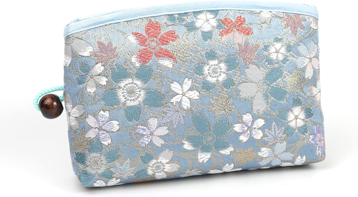 Kyoto Geimidou Nishijin Textile High-grade Gold Brocade Cosmetic Pouch, Japanese Pattern, Made in Japan, blue (pale)