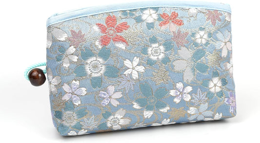 Kyoto Geimidou Nishijin Textile High-grade Gold Brocade Cosmetic Pouch, Japanese Pattern, Made in Japan, blue (pale)