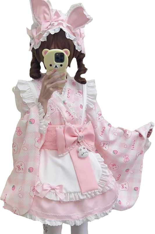 XHSUKADO Women's 4-piece Set, Mass Production, Dress, Spring, Summer, Autumn, Kimono, Kimono, Top, Yukata, Rabbit Pattern, Mini, Skirt, Apron, Obi, Ribbon Included, Plaid Pattern, Cute, Long Sleeve,