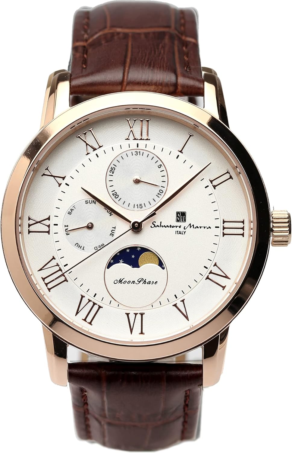 Salvatore Marra Men's Moonphase Multi-Calendar 5 ATM Waterproof Business Formal Leather Belt Exclusive Model Pink Gold White SM21106-PGWH