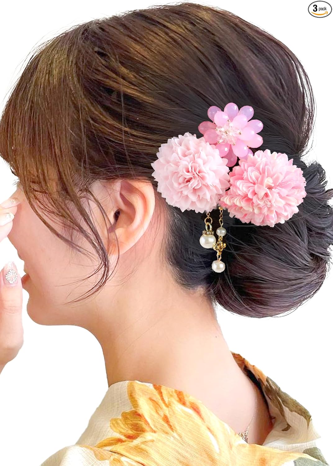 JZOON Hair Ornaments 3-Piece Set, Flowers, Yukata, Coming-of-Age Ceremony, Graduation Ceremony, Fireworks Display, Ping Pong Mom, Pearl, Hair Accessories, Cute, Long Sleeve Hakama, Coming-of-Age