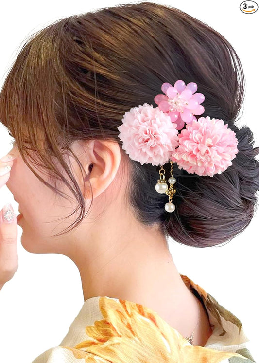 JZOON Hair Ornaments 3-Piece Set, Flowers, Yukata, Coming-of-Age Ceremony, Graduation Ceremony, Fireworks Display, Ping Pong Mom, Pearl, Hair Accessories, Cute, Long Sleeve Hakama, Coming-of-Age