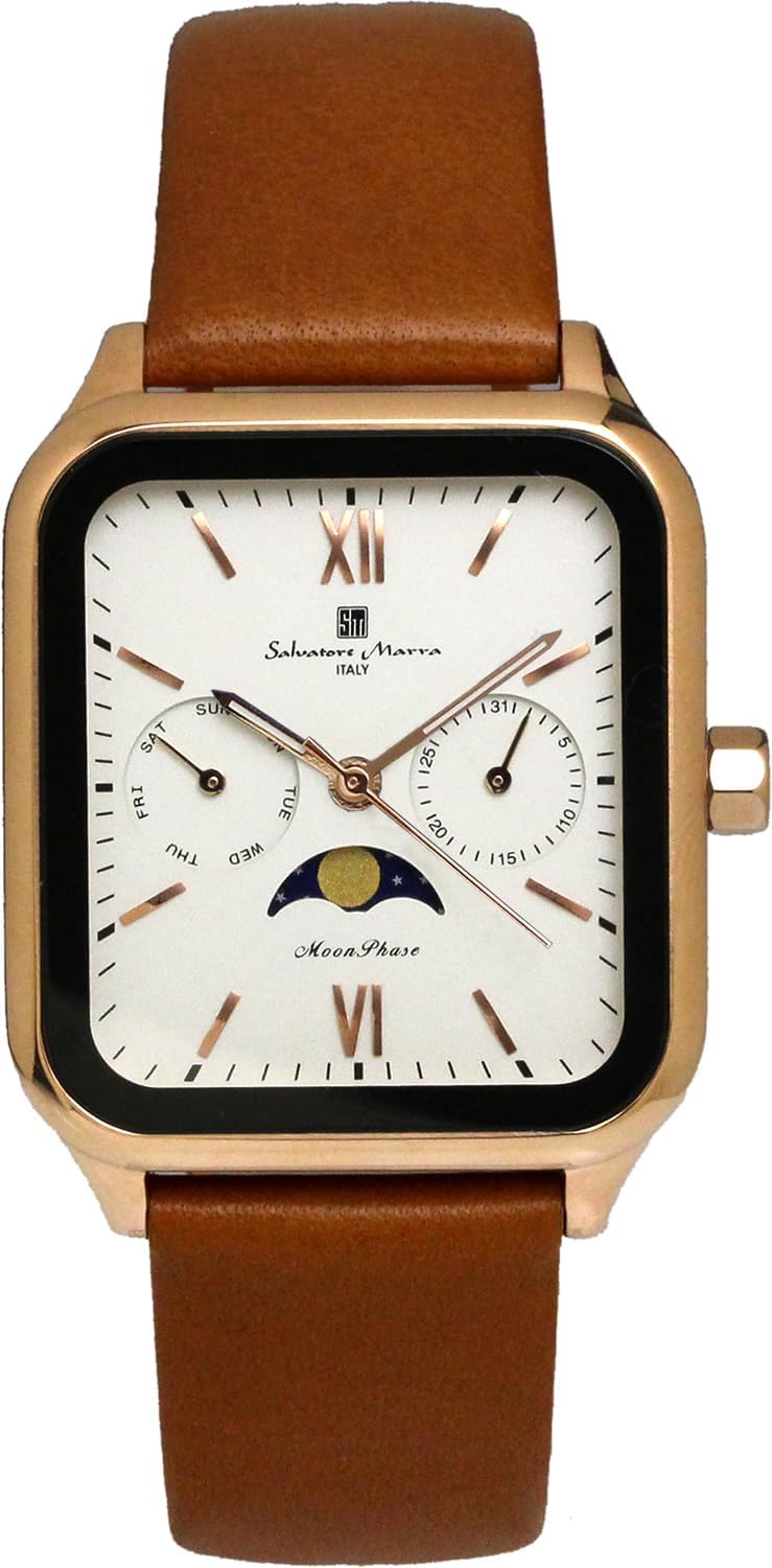 Salvatore Marra SM24112-PGWHLE Moonphase Square Angular Wristwatch, Multi Calendar, Waterproof, For Daily Use, Business, Formal, Men's Leather Strap, Limited Model, Pink Gold, White