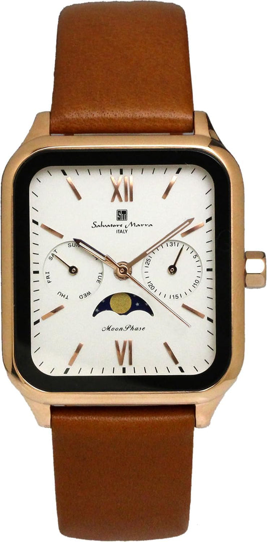Salvatore Marra SM24112-PGWHLE Moonphase Square Angular Wristwatch, Multi Calendar, Waterproof, For Daily Use, Business, Formal, Men's Leather Strap, Limited Model, Pink Gold, White