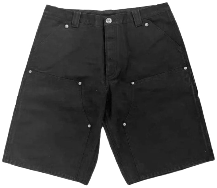 CHROME HEARTS '10 PATCH' BLACK CROSS LEATHER PATCH SILVER BUTTON SHORTS