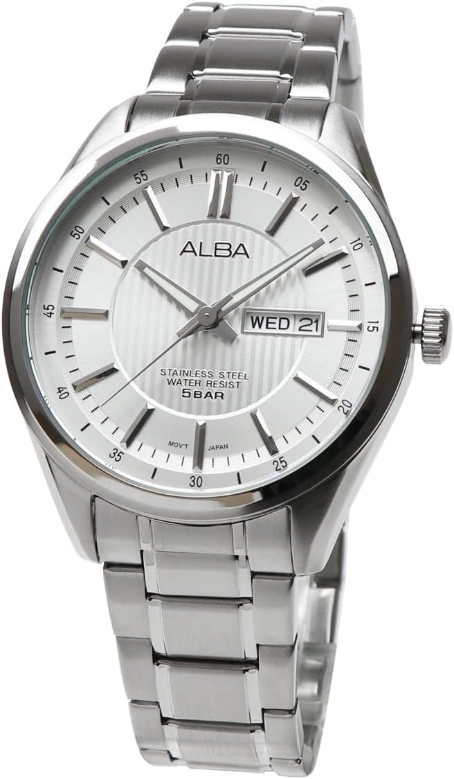 Seiko ALBA AV3053X1 Quartz Men's Stainless Steel Business Analog Day Date Day Date Calendar Wristwatch, Silver, Silver, Bracelet Type