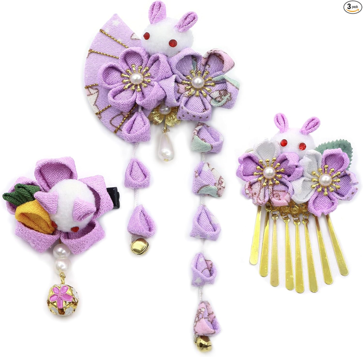 JZOON Hair Ornament, 3-piece Set, Coming-of-Age Ceremony, Yukata, Hakama, Kimono, Furisode, Kimono, Kimono, Knob-making, Flowers, Graduation Ceremony, Wedding, Popular, Kimono, Hair Accessories, Hair