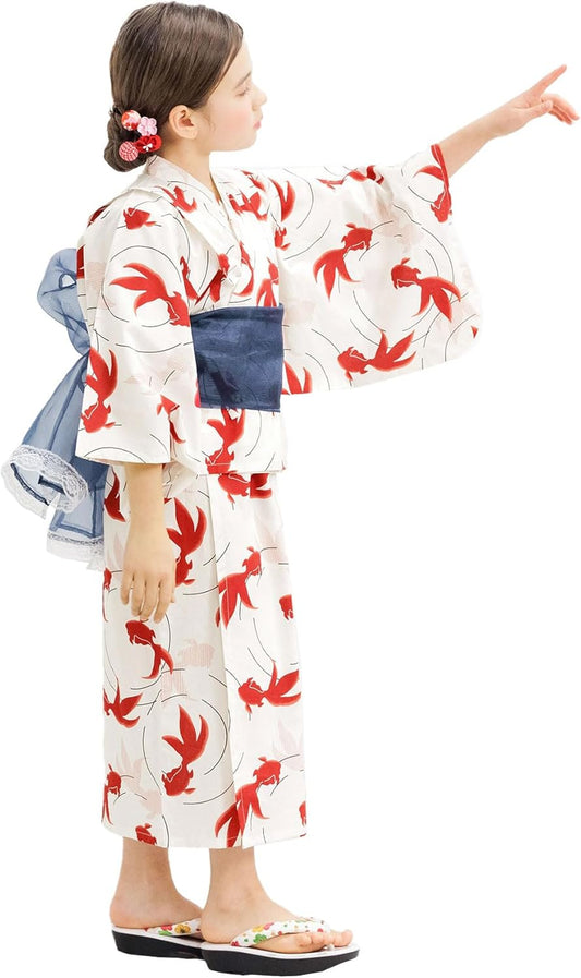 Bee say00004 Yukata 3-Piece Set, Girls, Kids, Summer, Striped, Lattice, Goldfish, Shirring, Easy Fireworks Display, Festival