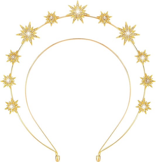 Gold Halo Star Crown Headband - Rhinestone Star Crown Headband for Women, Celestial Tiara Hair Accessories, Shiny Sparkly Headband for Birthday Party & Cosplay