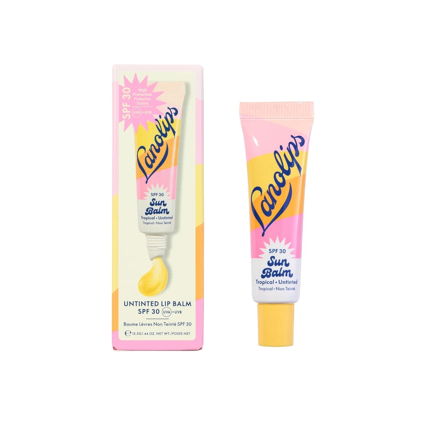 Lanolips Sun Balm Tropical SPF 30 - Hidratante labial de lanolina hidratante con aroma a piña, esenciales de playa y cuidado solar con protección UVA/UVB de amplio espectro, sin teñir (0.44 onzas)