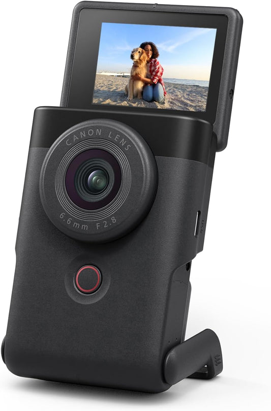 Canon PowerShot V10 Camera, Content Creator Compact Vlog Camera, Fixed 19mm Wide Angle Lens, 4K Video, Face Detection, Built-in Microphone, Live Streaming, Built-in Stand, Black