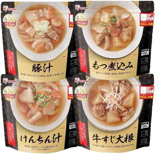 Iris Ohyama Set of 12 Dishes (4 Types of 3 Servings) Range Up Snacks Set (Pork Soup, Boiled Beef Tendon, Daikon Radish, Kenchin Soup)