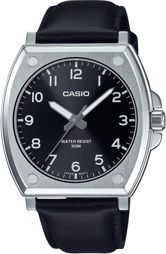 Casio MTP-E730 Series Standard Analog Quartz Men's Watch, Black Leather Band MTP-E730L-1AV, Military