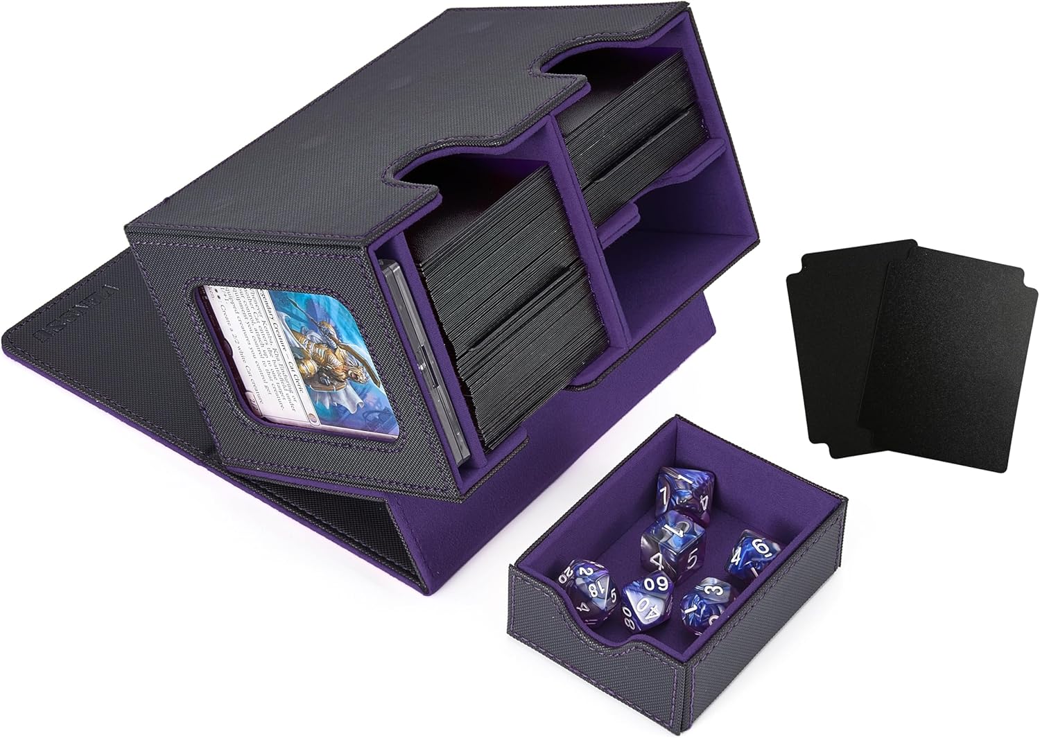 Venssu Deck Case Trading Card Case Card Display Window Dice Holder 200-Card Capacity with Two Dividers and One Magnetic Loader "MTG Yu-Gi-Oh! Duema Various Card Game Box" Sleeve Compatible (Black