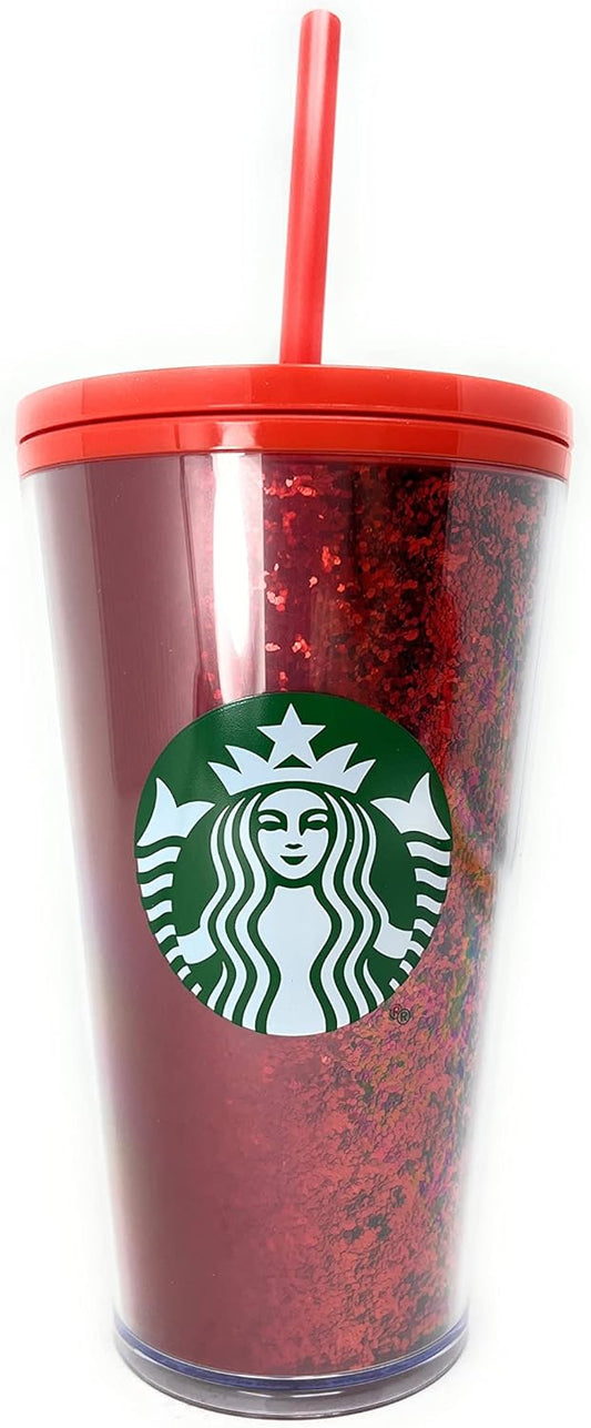 Starbucks - Vaso aislante de 16 oz con brillo rojo festivo y degradado bicolor rojo con pajita